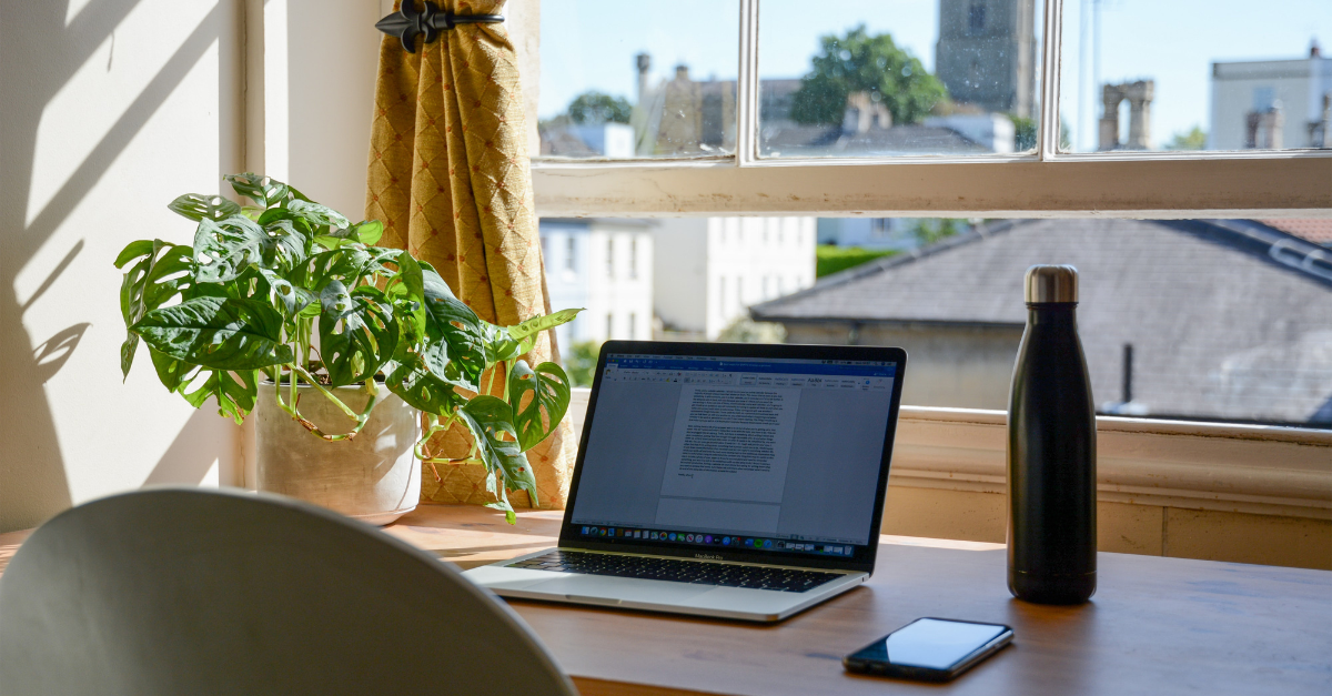 desk with plant and waterbotle